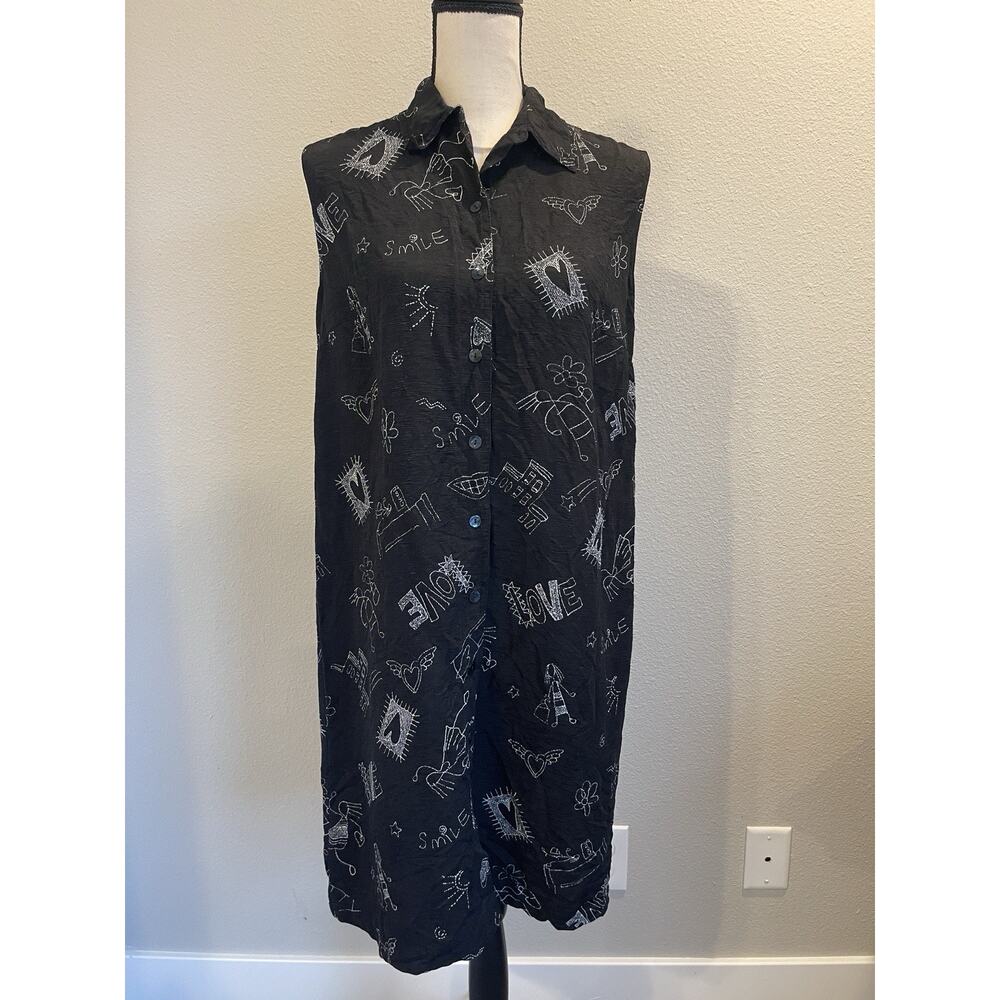 Chico's Design Vtg Doodle Artsy Sleeveless Shirt Dress Sz Medium 1 Silk Linen